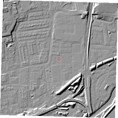 Shaded relief map of the ground around N154FB, computed from Environment Agency LiDAR. The ground here sits at about 8 m above sea level and falls 14 m across the surrounding 800 m. Surface water reaching this point runs off ground lying to the south-east, 6.9 m higher.