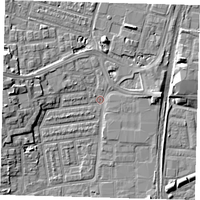 Shaded relief map of the ground around N154FR, computed from Environment Agency LiDAR. The ground here sits at about 8 m above sea level and falls 9 m across the surrounding 800 m. Surface water reaching this point runs off ground lying to the west, 8.6 m higher.