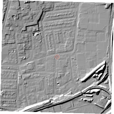 Shaded relief map of the ground around N154GA, computed from Environment Agency LiDAR. The ground here sits at about 8 m above sea level and falls 14 m across the surrounding 800 m. Surface water reaching this point runs off ground lying to the north-west, 8.2 m higher.