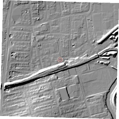 Shaded relief map of the ground around N154LP, computed from Environment Agency LiDAR. The ground here sits at about 9 m above sea level and falls 13 m across the surrounding 800 m. Surface water reaching this point runs off ground lying to the west-south-west, 7.7 m higher.