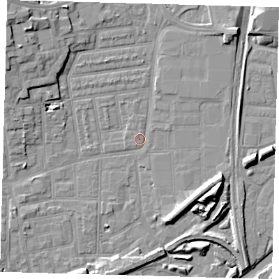 Shaded relief map of the ground around N154NF, computed from Environment Agency LiDAR. The ground here sits at about 8 m above sea level and falls 14 m across the surrounding 800 m. Surface water reaching this point runs off ground lying to the north-west, 8.6 m higher.