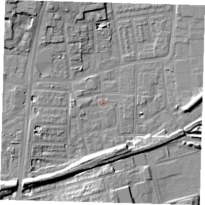 Shaded relief map of the ground around N154PE, computed from Environment Agency LiDAR. The ground here sits at about 9 m above sea level and falls 11 m across the surrounding 800 m. Surface water reaching this point runs off ground lying to the west-south-west, 1.5 m higher.