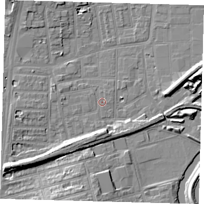 Shaded relief map of the ground around N154PF, computed from Environment Agency LiDAR. The ground here sits at about 9 m above sea level and falls 14 m across the surrounding 800 m. Surface water reaching this point runs off ground lying to the south-west, 7.5 m higher.