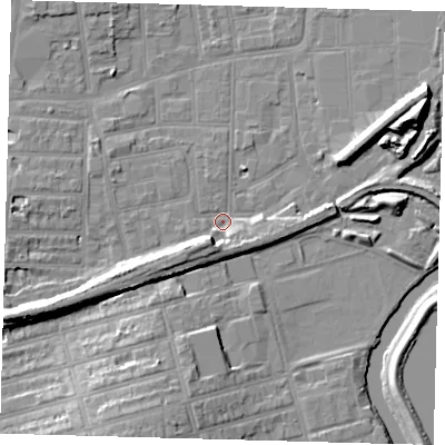 Shaded relief map of the ground around N154PG, computed from Environment Agency LiDAR. The ground here sits at about 8 m above sea level and falls 14 m across the surrounding 800 m. Surface water reaching this point runs off ground lying to the west-south-west, 8.3 m higher.