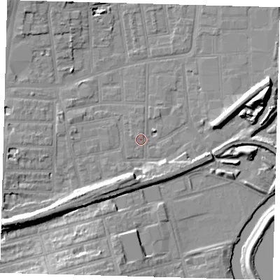 Shaded relief map of the ground around N154PH, computed from Environment Agency LiDAR. The ground here sits at about 9 m above sea level and falls 14 m across the surrounding 800 m. Surface water reaching this point runs off ground lying to the west-north-west, 1.0 m higher.