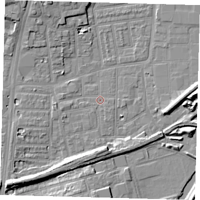 Shaded relief map of the ground around N154PJ, computed from Environment Agency LiDAR. The ground here sits at about 9 m above sea level and falls 13 m across the surrounding 800 m. Surface water reaching this point runs off ground lying to the west-south-west, 2.1 m higher.