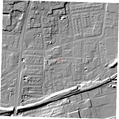 Shaded relief map of the ground around N154PL, computed from Environment Agency LiDAR. The ground here sits at about 9 m above sea level and falls 9 m across the surrounding 800 m. Surface water reaching this point runs off ground lying to the west-south-west, 1.8 m higher.
