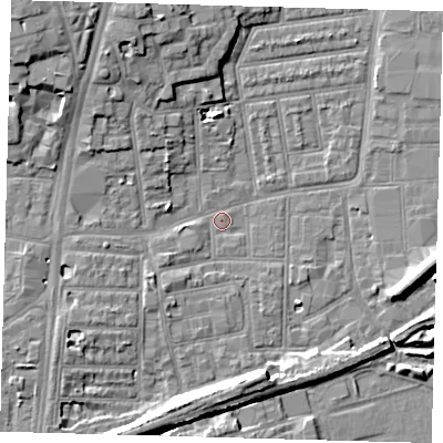 Shaded relief map of the ground around N154PP, computed from Environment Agency LiDAR. The ground here sits at about 8 m above sea level and falls 11 m across the surrounding 800 m. Surface water reaching this point runs off ground lying to the north-west, 9.2 m higher.