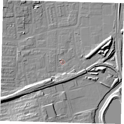 Shaded relief map of the ground around N154PQ, computed from Environment Agency LiDAR. The ground here sits at about 8 m above sea level and falls 14 m across the surrounding 800 m. Surface water reaching this point runs off ground lying to the north-west, 2.1 m higher.