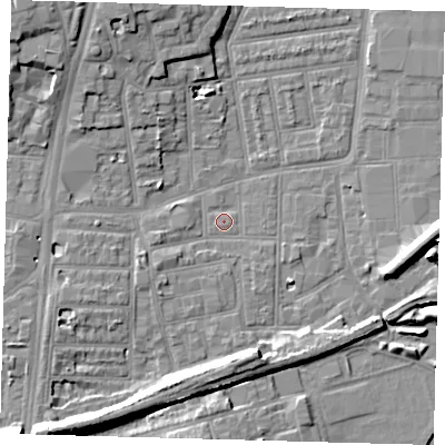 Shaded relief map of the ground around N154PR, computed from Environment Agency LiDAR. The ground here sits at about 9 m above sea level and falls 11 m across the surrounding 800 m. Surface water reaching this point runs off ground lying to the west-south-west, 0.9 m higher.