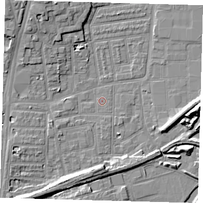 Shaded relief map of the ground around N154PS, computed from Environment Agency LiDAR. The ground here sits at about 8 m above sea level and falls 14 m across the surrounding 800 m. Surface water reaching this point runs off ground lying to the south-south-east, 0.6 m higher.