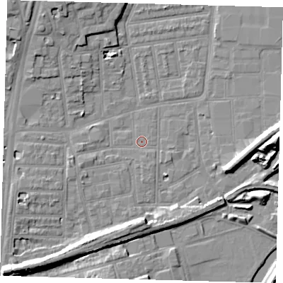 Shaded relief map of the ground around N154PT, computed from Environment Agency LiDAR. The ground here sits at about 8 m above sea level and falls 14 m across the surrounding 800 m. Surface water reaching this point runs off ground lying to the west-south-west, 2.1 m higher.