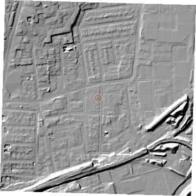 Shaded relief map of the ground around N154PU, computed from Environment Agency LiDAR. The ground here sits at about 8 m above sea level and falls 14 m across the surrounding 800 m. Surface water reaching this point runs off ground lying to the west-south-west, 2.5 m higher.