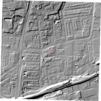 Shaded relief map of the ground around N154PW, computed from Environment Agency LiDAR. The ground here sits at about 9 m above sea level and falls 10 m across the surrounding 800 m. Surface water reaching this point runs off ground lying to the south-west, 1.4 m higher.