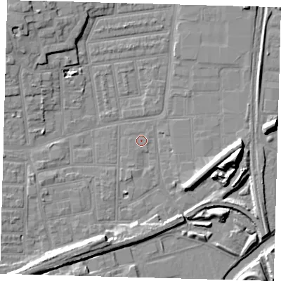 Shaded relief map of the ground around N154PX, computed from Environment Agency LiDAR. The ground here sits at about 8 m above sea level and falls 14 m across the surrounding 800 m. Surface water reaching this point runs off ground lying to the south-west, 0.6 m higher.