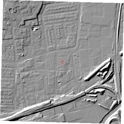 Shaded relief map of the ground around N154PY, computed from Environment Agency LiDAR. The ground here sits at about 8 m above sea level and falls 14 m across the surrounding 800 m. The ground contributing surface water to this point lies to the south-west.