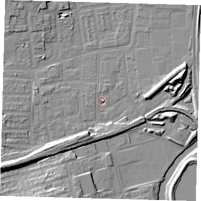 Shaded relief map of the ground around N154PZ, computed from Environment Agency LiDAR. The ground here sits at about 8 m above sea level and falls 14 m across the surrounding 800 m. Surface water reaching this point runs off ground lying to the east, 1.6 m higher.