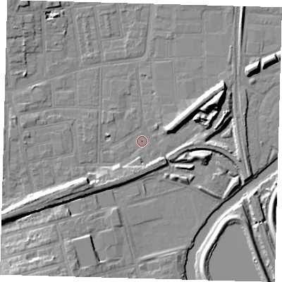 Shaded relief map of the ground around N154QA, computed from Environment Agency LiDAR. The ground here sits at about 8 m above sea level and falls 14 m across the surrounding 800 m. Surface water reaching this point runs off ground lying to the west-south-west, 7.4 m higher.