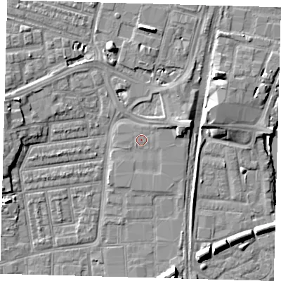 Shaded relief map of the ground around N154QD, computed from Environment Agency LiDAR. The ground here sits at about 9 m above sea level and falls 10 m across the surrounding 800 m. Surface water reaching this point runs off ground lying to the south-south-west, 0.5 m higher.