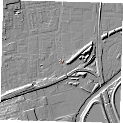 Shaded relief map of the ground around N154QF, computed from Environment Agency LiDAR. The ground here sits at about 8 m above sea level and falls 14 m across the surrounding 800 m. Surface water reaching this point runs off ground lying to the west-south-west, 8.0 m higher.