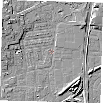 Shaded relief map of the ground around N154QH, computed from Environment Agency LiDAR. The ground here sits at about 8 m above sea level and falls 13 m across the surrounding 800 m. Surface water reaching this point runs off ground lying to the west-north-west, 9.0 m higher.