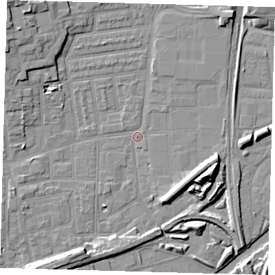 Shaded relief map of the ground around N154QJ, computed from Environment Agency LiDAR. The ground here sits at about 8 m above sea level and falls 14 m across the surrounding 800 m. Surface water reaching this point runs off ground lying to the north-west, 8.7 m higher.