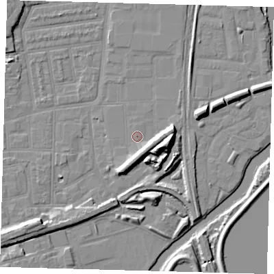 Shaded relief map of the ground around N154QL, computed from Environment Agency LiDAR. The ground here sits at about 9 m above sea level and falls 14 m across the surrounding 800 m. Surface water reaching this point runs off ground lying to the east-south-east, 6.3 m higher.
