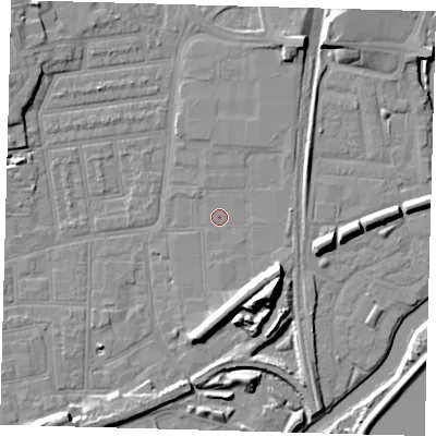 Shaded relief map of the ground around N154QN, computed from Environment Agency LiDAR. The ground here sits at about 8 m above sea level and falls 14 m across the surrounding 800 m. Surface water reaching this point runs off ground lying to the south-east, 6.7 m higher.