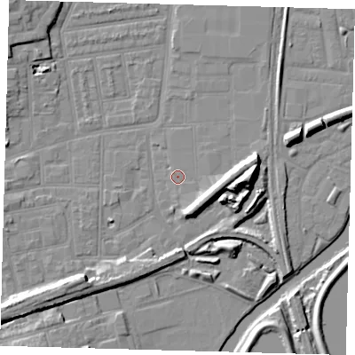 Shaded relief map of the ground around N154QQ, computed from Environment Agency LiDAR. The ground here sits at about 8 m above sea level and falls 14 m across the surrounding 800 m. Surface water reaching this point runs off ground lying to the south-east, 6.1 m higher.