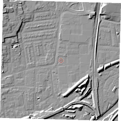 Shaded relief map of the ground around N154QR, computed from Environment Agency LiDAR. The ground here sits at about 8 m above sea level and falls 14 m across the surrounding 800 m. Surface water reaching this point runs off ground lying to the south-east, 6.9 m higher.