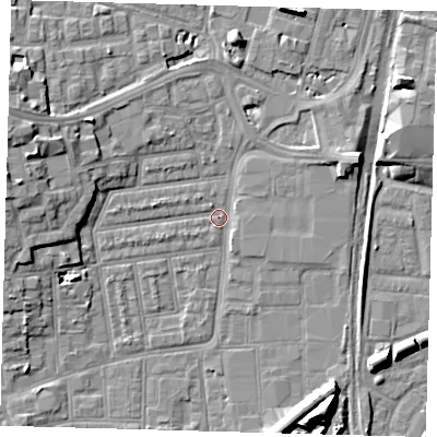 Shaded relief map of the ground around N154QT, computed from Environment Agency LiDAR. The ground here sits at about 8 m above sea level and falls 13 m across the surrounding 800 m. Surface water reaching this point runs off ground lying to the west-north-west, 8.9 m higher.