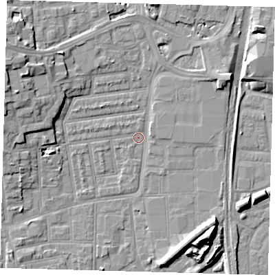 Shaded relief map of the ground around N154QX, computed from Environment Agency LiDAR. The ground here sits at about 8 m above sea level and falls 13 m across the surrounding 800 m. Surface water reaching this point runs off ground lying to the north-west, 0.9 m higher.