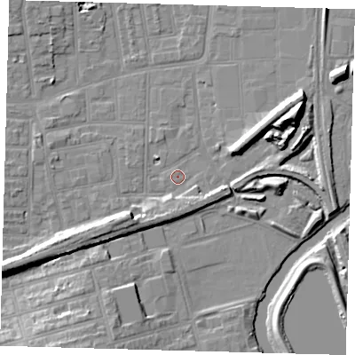 Shaded relief map of the ground around N154QZ, computed from Environment Agency LiDAR. The ground here sits at about 8 m above sea level and falls 14 m across the surrounding 800 m. Surface water reaching this point runs off ground lying to the west-south-west, 7.5 m higher.