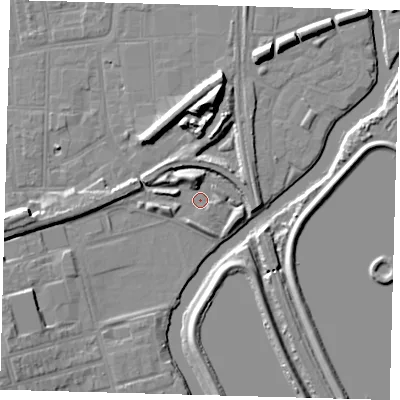 Shaded relief map of the ground around N154RB, computed from Environment Agency LiDAR. The ground here sits at about 8 m above sea level and falls 14 m across the surrounding 800 m. Surface water reaching this point runs off ground lying to the north, 12.7 m higher.