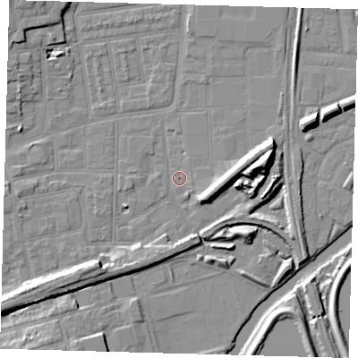 Shaded relief map of the ground around N154RD, computed from Environment Agency LiDAR. The ground here sits at about 8 m above sea level and falls 14 m across the surrounding 800 m. Surface water reaching this point runs off ground lying to the west-south-west, 2.3 m higher.