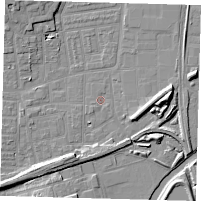 Shaded relief map of the ground around N154RG, computed from Environment Agency LiDAR. The ground here sits at about 8 m above sea level and falls 14 m across the surrounding 800 m. Surface water reaching this point runs off ground lying to the south-south-west, 2.3 m higher.