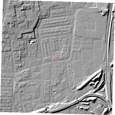 Shaded relief map of the ground around N154TD, computed from Environment Agency LiDAR. The ground here sits at about 8 m above sea level and falls 14 m across the surrounding 800 m. Surface water reaching this point runs off ground lying to the north-west, 8.2 m higher.