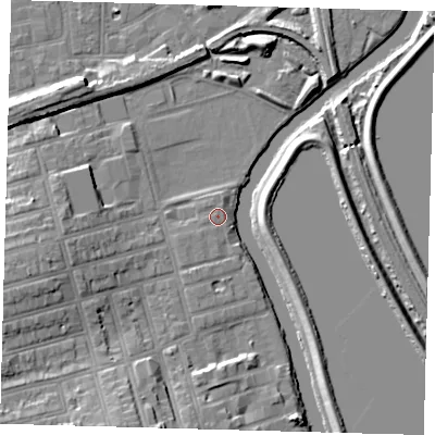 Shaded relief map of the ground around N156BY, computed from Environment Agency LiDAR. The ground here sits at about 9 m above sea level and falls 13 m across the surrounding 800 m. Surface water reaching this point runs off ground lying to the south-west, 0.7 m higher.