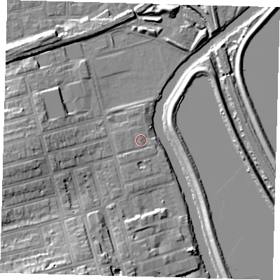 Shaded relief map of the ground around N156BZ, computed from Environment Agency LiDAR. The ground here sits at about 9 m above sea level and falls 16 m across the surrounding 800 m. Surface water reaching this point runs off ground lying to the south-west, 1.8 m higher.