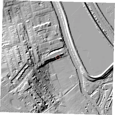 Shaded relief map of the ground around N166DD, computed from Environment Agency LiDAR. The ground here sits at about 10 m above sea level and falls 26 m across the surrounding 800 m. Surface water reaching this point runs off ground lying to the south-west, 25.1 m higher.