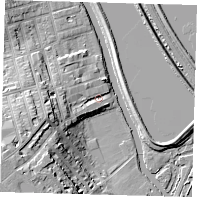 Shaded relief map of the ground around N166DN, computed from Environment Agency LiDAR. The ground here sits at about 9 m above sea level and falls 26 m across the surrounding 800 m. Surface water reaching this point runs off ground lying to the west-south-west, 21.2 m higher.