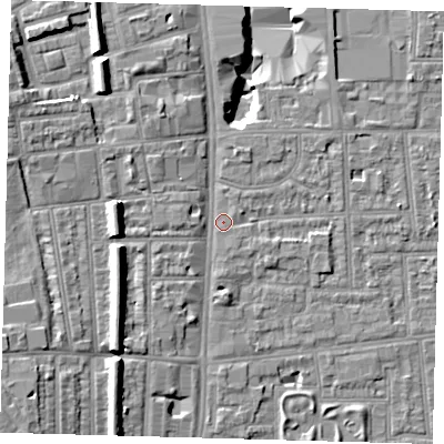 Shaded relief map of the ground around N170AE, computed from Environment Agency LiDAR. The ground here sits at about 11 m above sea level and falls 16 m across the surrounding 800 m. Surface water reaching this point runs off ground lying to the north-east, 0.7 m higher.