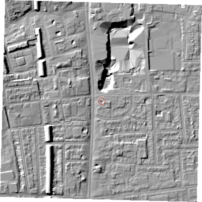 Shaded relief map of the ground around N170AG, computed from Environment Agency LiDAR. The ground here sits at about 11 m above sea level and falls 15 m across the surrounding 800 m. Surface water reaching this point runs off ground lying to the south-east, 1.2 m higher.