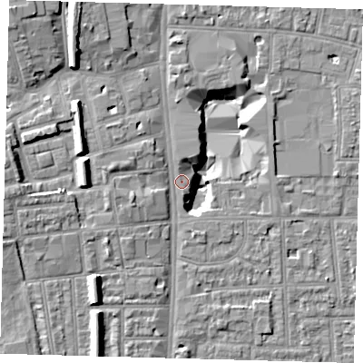 Shaded relief map of the ground around N170AP, computed from Environment Agency LiDAR. The ground here sits at about 11 m above sea level and falls 15 m across the surrounding 800 m. Surface water reaching this point runs off ground lying to the south-west, 15.0 m higher.
