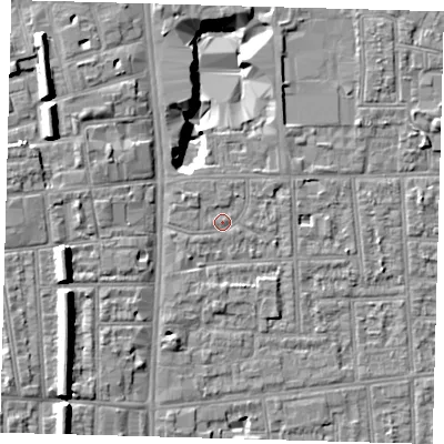 Shaded relief map of the ground around N170AR, computed from Environment Agency LiDAR. The ground here sits at about 11 m above sea level and falls 15 m across the surrounding 800 m. Surface water reaching this point runs off ground lying to the north-west, 1.1 m higher.