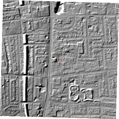 Shaded relief map of the ground around N170AU, computed from Environment Agency LiDAR. The ground here sits at about 10 m above sea level and falls 16 m across the surrounding 800 m. Surface water reaching this point runs off ground lying to the west, 2.0 m higher.