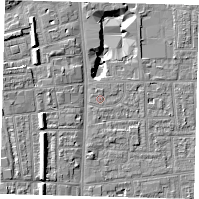 Shaded relief map of the ground around N170AW, computed from Environment Agency LiDAR. The ground here sits at about 11 m above sea level and falls 15 m across the surrounding 800 m. Surface water reaching this point runs off ground lying to the north-north-east, 0.9 m higher.