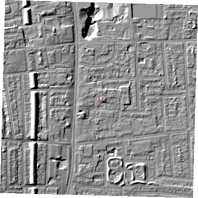Shaded relief map of the ground around N170AX, computed from Environment Agency LiDAR. The ground here sits at about 11 m above sea level and falls 15 m across the surrounding 800 m. Surface water reaching this point runs off ground lying to the south-west, 2.6 m higher.