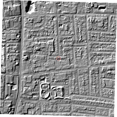Shaded relief map of the ground around N170AY, computed from Environment Agency LiDAR. The ground here sits at about 10 m above sea level and falls 12 m across the surrounding 800 m. Surface water reaching this point runs off ground lying to the west, 2.6 m higher.