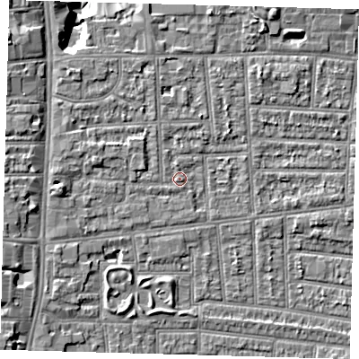 Shaded relief map of the ground around N170BA, computed from Environment Agency LiDAR. The ground here sits at about 10 m above sea level and falls 11 m across the surrounding 800 m. Surface water reaching this point runs off ground lying to the west, 2.6 m higher.